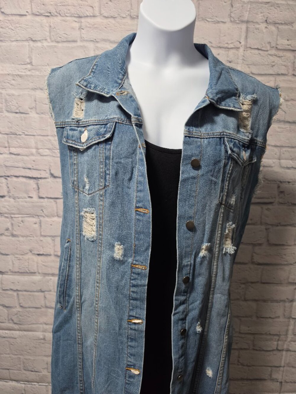 Longline Denim Sleeveless Button Front Light-Wash Vest